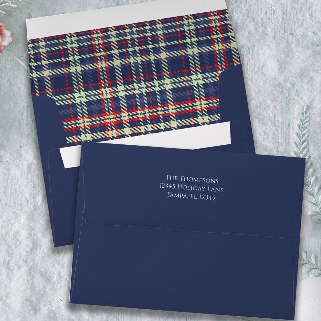 Simple Holiday Navy Blue Winter Festive Plaid  Envelope (Classic Navy blue plaid pattern envelope with return address on the back flap.)