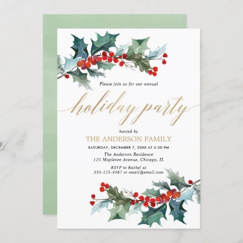 Simple holiday party green red holly gold greenery invitation