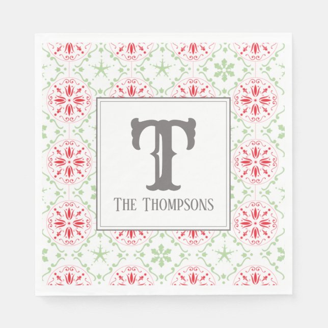 Simple Holiday Snowflake Pattern Monogram Initial Napkins (Front)