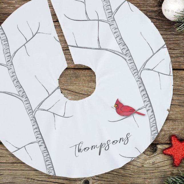 Simple Holiday Winter Red Cardinal Birch Tree  Brushed Polyester Tree Skirt (Winter red cardinal birch tree custom tree skirt. )