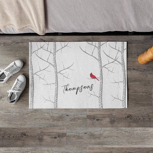 Simple Holiday Winter Red Cardinal Birch Tree  Doormat