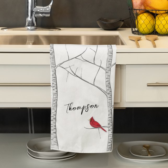 Simple Holiday Winter Red Cardinal Birch Tree  Kitchen Towel (Red Cardinal birch tree custom kitchen towel. )