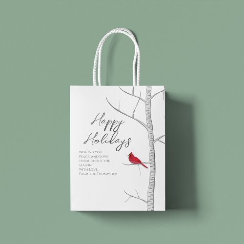 Simple Holiday Winter Red Cardinal Birch Tree  Medium Gift Bag