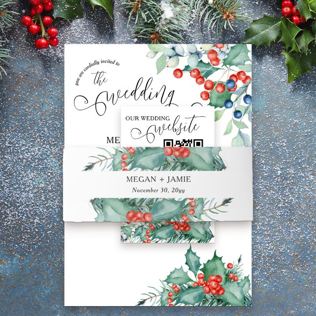 Simple Holly and Berries Winter Wedding  Invitation Belly Band (Simple elegant winter wedding invitation belly band with watercolor holly and berries.)