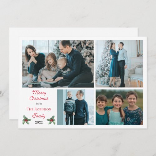 Simple Holly Berries Merry Christmas 4 Photo Holiday Card
