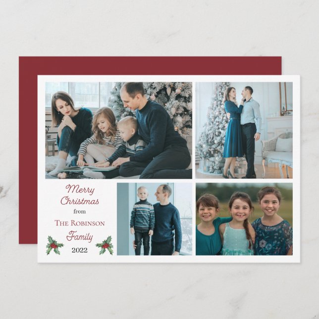 Simple Holly Berries Merry Christmas 4 Photo Holiday Card (Front/Back)