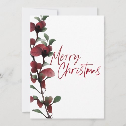 Simple Holly Berry Branch Watercolor Flat Photo Holiday Card