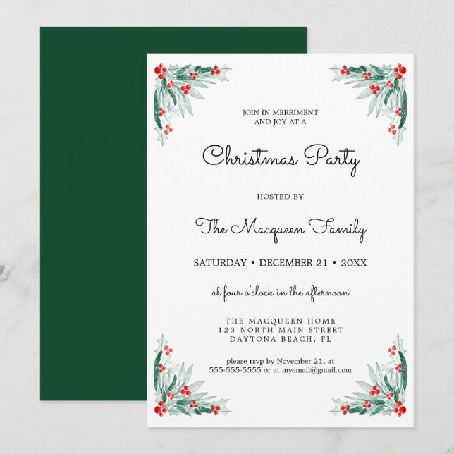 Simple Holly Berry Ivy Leaves Christmas Party Invitation (Front/Back)