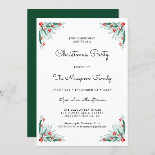 Simple Holly Berry Ivy Leaves Christmas Party Invitation