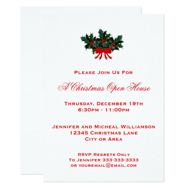 Simple Holly Christmas Open House Or Party #2 Red Invitation