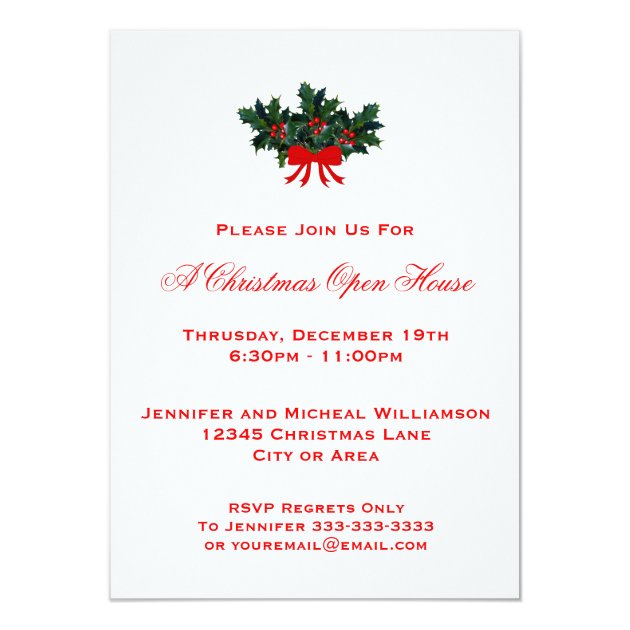 Simple Holly Christmas Open House Or Party #2 Red Invitation