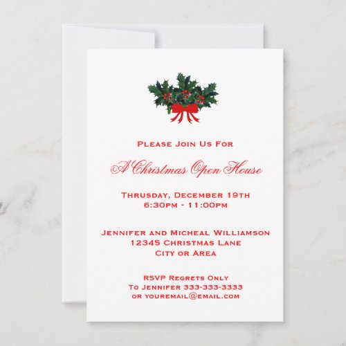 Simple Holly Christmas Open House or Party #2 Red Custom Invite
