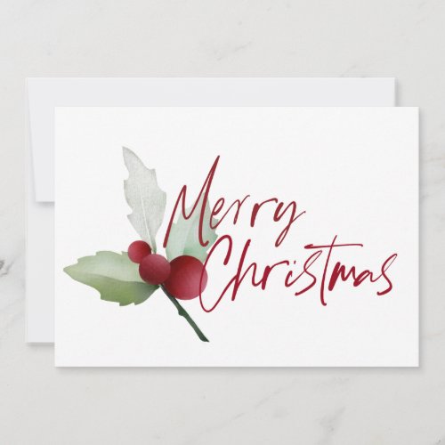 Simple Holly Merry Christmas Watercolor Flat Holiday Card
