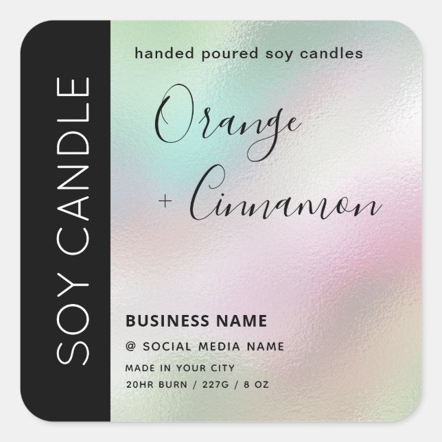Simple holographic typography soy candle   square sticker (Front)