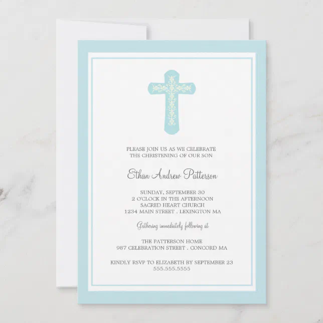 Simple Holy Cross Blue Boy Christening Invitation | Zazzle