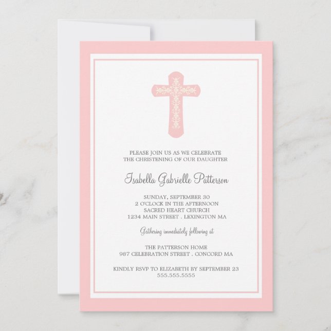 Simple Holy Cross Pink Girl Christening Invitation (Front)