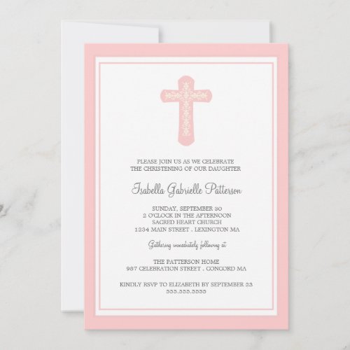 Simple Holy Cross Pink Girl Christening Invitation