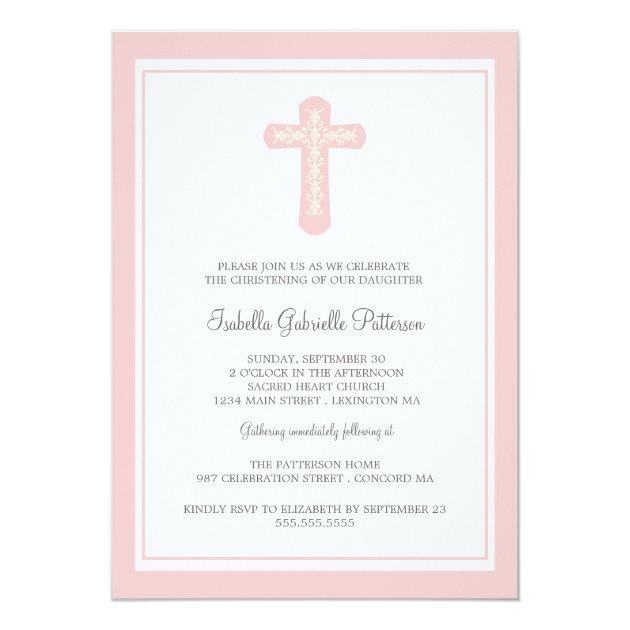Simple Holy Cross Pink Girl Christening Invitation