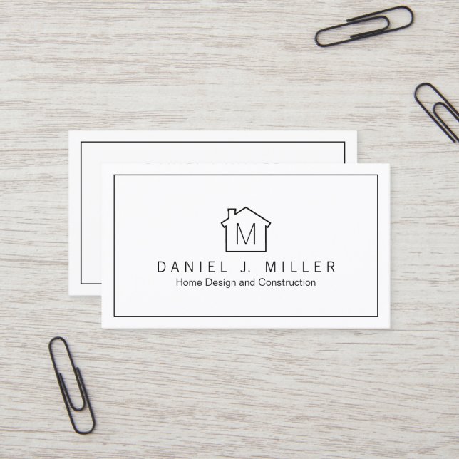 Simple Home Logo Monogram Minimalist Black & White Business Card (Front/Back In Situ)