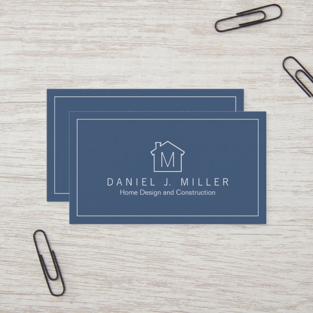 Simple Home Logo Monogram Modern Navy Blue & White Business Card (Front/Back In Situ)