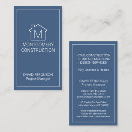 Simple Home Logo Monogram Vertical Navy Blue White Business Card
