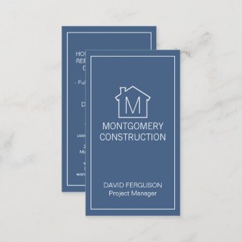 Simple Home Logo Monogram Vertical Navy Blue White Business Card by Architendencies at Zazzle
