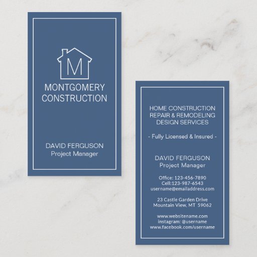 Customizable Simple Home Logo Monogram Vertical Navy Blue White Business Card