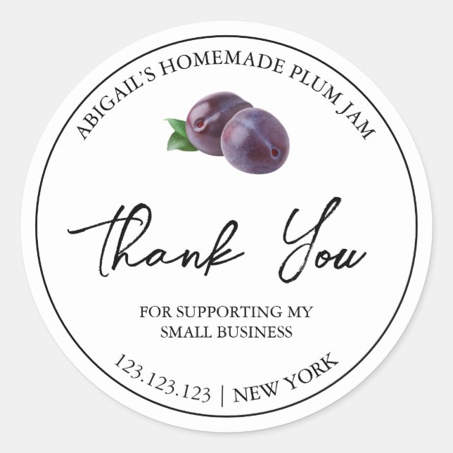 Simple Homemade Plum Jam Thank You Label (Front)