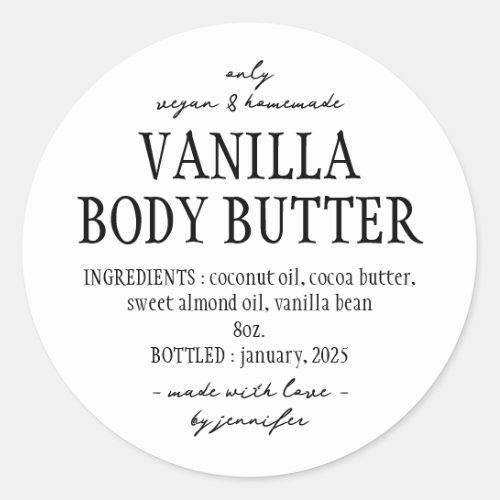 Simple Homemade Vanilla Body Butter Ingredient Classic Round Sticker
