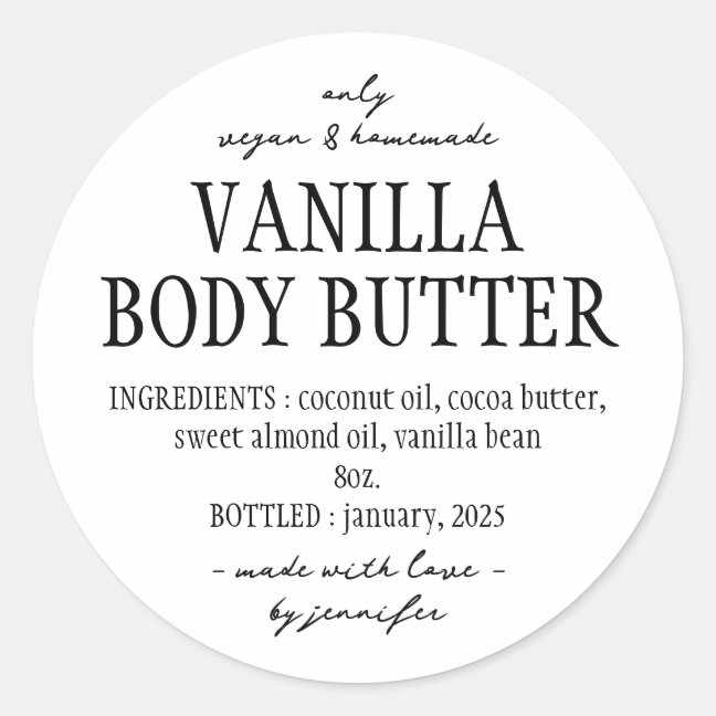 Simple Homemade Vanilla Body Butter Ingredient Classic Round Sticker