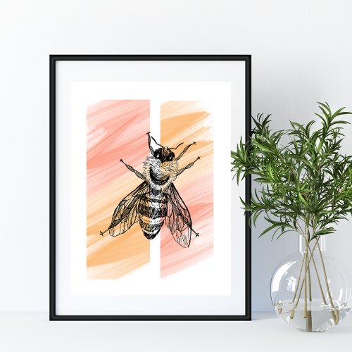 Simple Honey Bee Silhouette on Orange Background  Poster