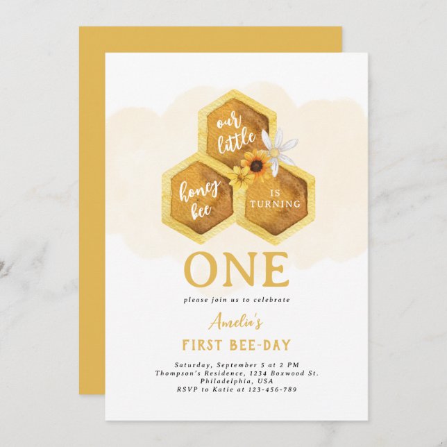 Simple Honeycomb Sunflower Bee First Birthday Invitation (Front/Back)