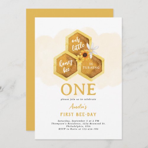 Simple Honeycomb Sunflower Bee First Birthday Invitation