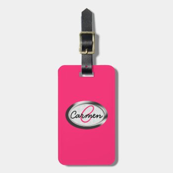 Simple Hot Pink And Metallic Monogram Luggage Tag by ChicPink at Zazzle