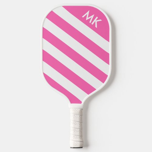 Simple Hot Pink and White Striped Monogram Pickleball Paddle
