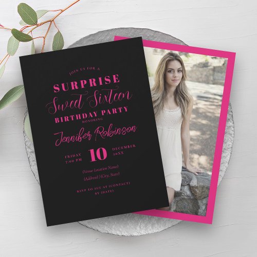 Simple Hot Pink Black Photo SURPRISE Sweet 16   Invitation