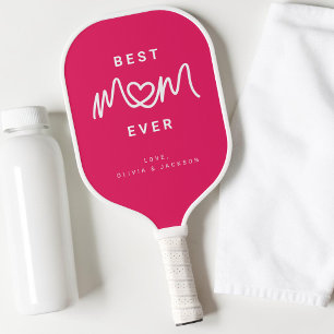Simple Hot Pink Cute heart Script Best Mom Ever Pickleball Paddle