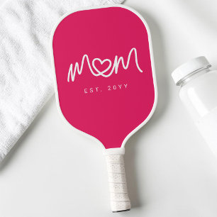 Simple Hot Pink Heart Script Mom Established Est Pickleball Paddle