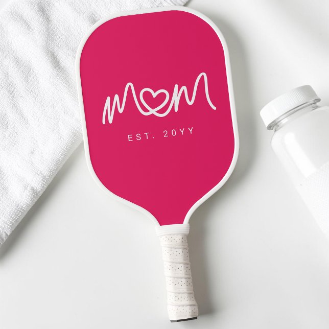 Simple Hot Pink Heart Script Mom Established Est Pickleball Paddle (Simple Hot Pink Heart Script Mom Established Est Pickleball Paddle)