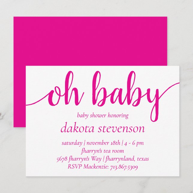 Simple Hot Pink Oh Baby | Magenta Flourish Shower Invitation (Front/Back)