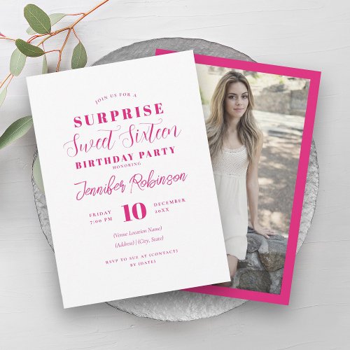 Simple Hot Pink Photo SURPRISE Sweet 16   Invitation