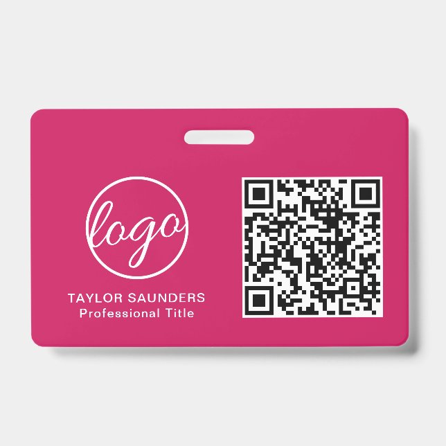 Simple Hot Pink QR Code Employee ID Badge (Front)