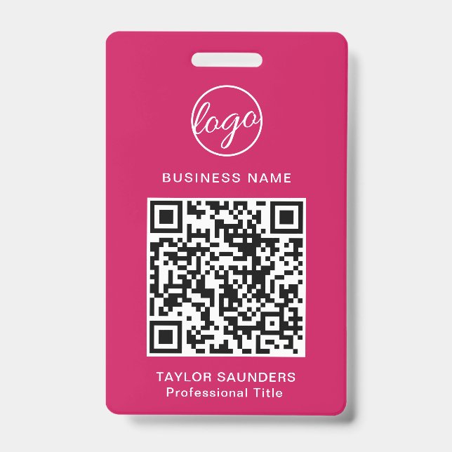 Simple Hot Pink QR Code Employee ID Badge (Front)
