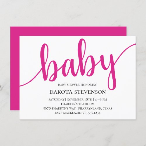 Simple Hot Pink Script  Flourish Baby Shower Invitation