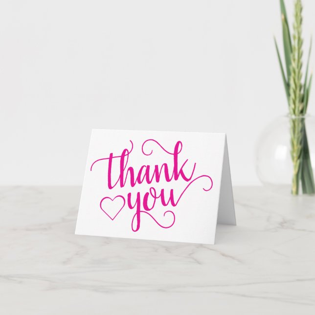 Simple Hot Pink Script | Magenta Heart 2 Photo Thank You Card (Front)