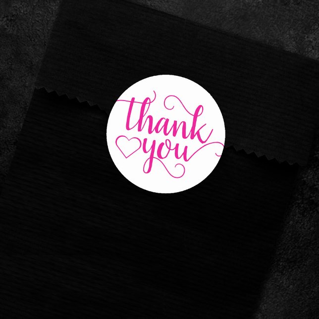 Simple Hot Pink Script | Magenta Heart Thank You Classic Round Sticker (Creator Uploaded)