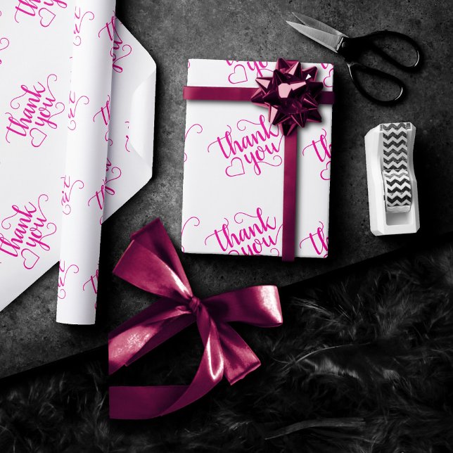 Simple Hot Pink Script | Magenta Heart Thank You Wrapping Paper (Creator Uploaded)