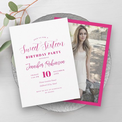 Simple Hot Pink White Photo Sweet 16 Sixteen  Invitation