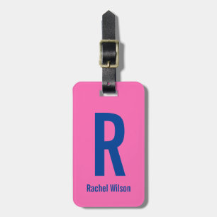 Simple Hot Pink with Blue Name Initials Monogram Luggage Tag