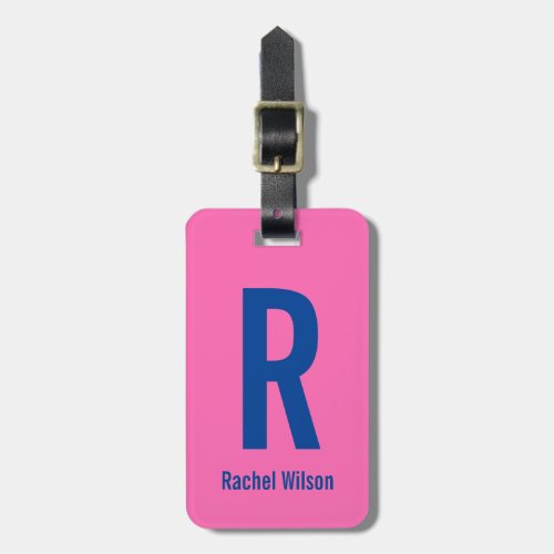 Simple Hot Pink with Blue Name  Monogram Luggage Tag